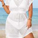 Aqua Eve Plus Size Swimsuit Cover Up for Women-Crochet Beach Dress V Neck Tie Waist Bathing Suit Cover Up (White)