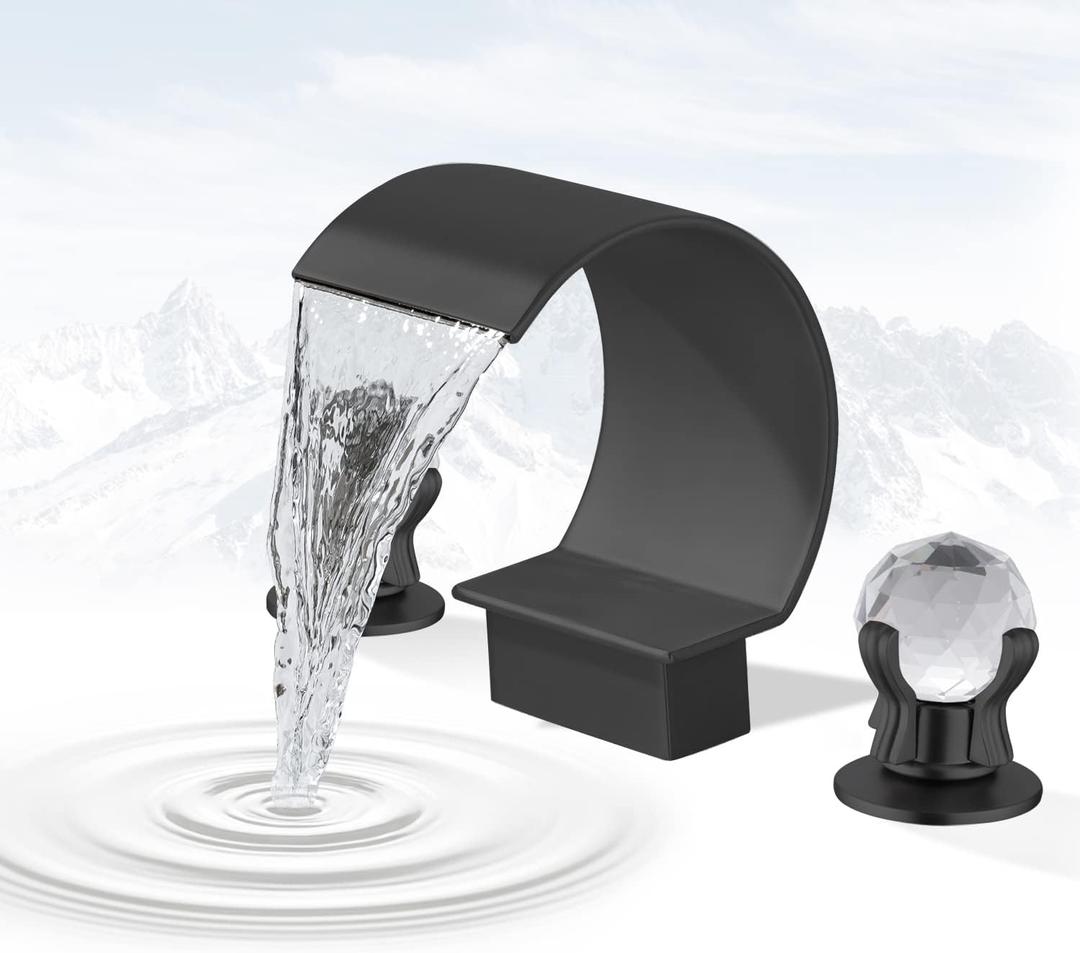 Bathroom Sink Faucet 3 Hole Widespread Waterfall Bathroom Faucets with Crystals Handles Basin Mixer Tap 8-Inch High Arc Vanity Faucet with Supply Hose, Matte Black