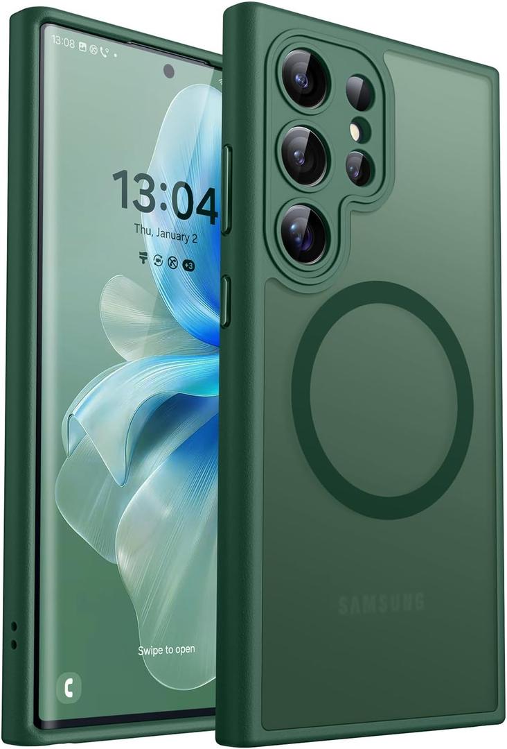 CANSHN Designed for Samsung Galaxy S22 Ultra Case [Full Camera Protection] [Compatible with MagSafe] Translucent Matte Shockproof Protective Phone Cover 6.8 Inch - Deep Green