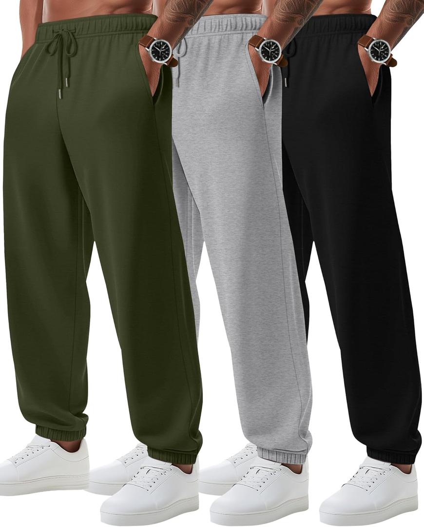 August Alley 3 Pack Big and Tall Sweatpants for Men Athletic Workout Jogger Lounge Pants with Pockets and Drawstring (XX-Large, Black,Light Gray,Army Green)