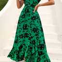 PRETTYGARDEN Women's Boho Floral Maxi Dress Summer Short Sleeve Wrap V Neck Long Flowy Beach Vacation Wedding Guest Dresses (Green, XS)