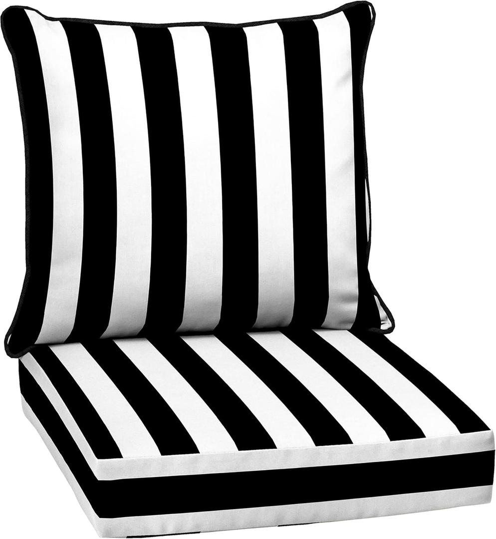 Arden Outdoor Deep Seat Cushion Set, 24 in x 24 in, Weather-Proof, Rain-Proof, Fade Resistant Patio Cushion for Chair, Sofa, and Couch Black Cabana Stripe