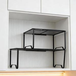 Extendable Metal Wire Shelf Organizer - Adjustable 15-24.4in Length, Stackable Storage Rack for Kitchen, Pantry, Bathroom, Shoe Cabinet & Tool Closet (2 Pack, Black)