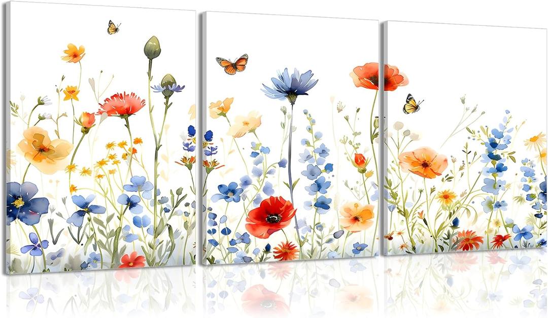 WARTHZ Colorful Flower Wall Art Set of 3 Neutral Floral Poster Prints Minimalist Rustic Watercolors Botanical Canvas Wall Decor Artwork Pictures for Bedroom Living Room 12x16 inch Framed