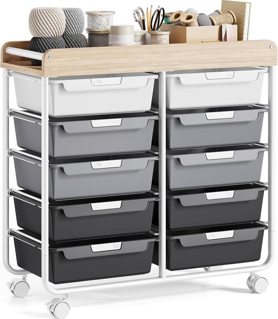 Rolling Storage Cart with 10 Large Drawers, Utility Cart with Wooden TableTop for Craft Organizers, Art Supply Storage, Home Office Organization, Cart with Wheels for Classroom, School (Grey) Rolling Storage Cart with 10 Large Drawers, Utility Cart with Wooden TableTop for Craft Organizers, Art Supply Storage, Home Office Organization, Cart with Wheels for Classroom, School (Grey)