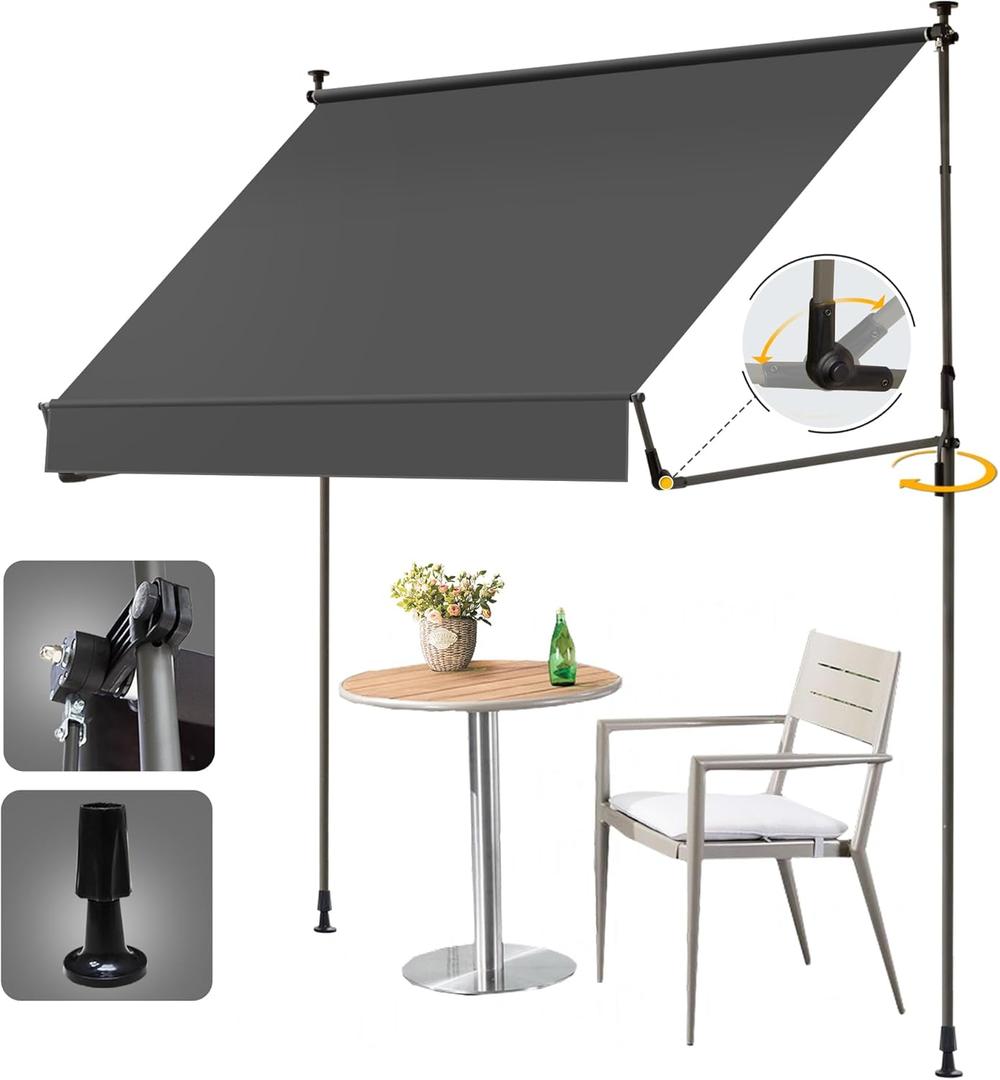 HOMEDEMO Manual Retractable Awning 79"x118" Foldable Side Bar 30-180,Outdoor Patio Awning Height Adjustable 82-118in Retractable Awning UV 50+ Protection,NO Drilling Awings for Backyard (Dark Gray)
