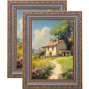 eletecpro 5x7 Picture Frames Set of 2, Vintage Frames with Glass Cover, Retro Photo Frame Displays 4x6 Photo with Mat or 5x7 without Mat for Tabletop or Wall Decor, Blue Gold