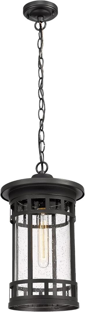 ALLGOT Outdoor Pendant Light Fixtures, Exterior Hanging Lantern Porch Light, Black Hanging Lamp Farmhouse Exterior Chandelier Ceiling Mount for Porch, Patio, or Entryway (Black, 18.97 Inch Height) (Black-Seeded Glass)