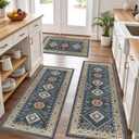 Non Slip Kitchen Rugs Sets of 3 Washable Boho Kitchen Mats for Floor Vintage Farmhouse Kitchen Rug Soft Runner Rug for Hallway, Laundry Room, Indoor Entryway (1'8" x 4'11" (3 PCS), Dark Blue)