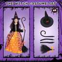 Poshetion Witch Halloween Costume for Girls, Light Up Witch Dress Deluxe Outfit with Hat and Broom, for Halloween Party (XL)