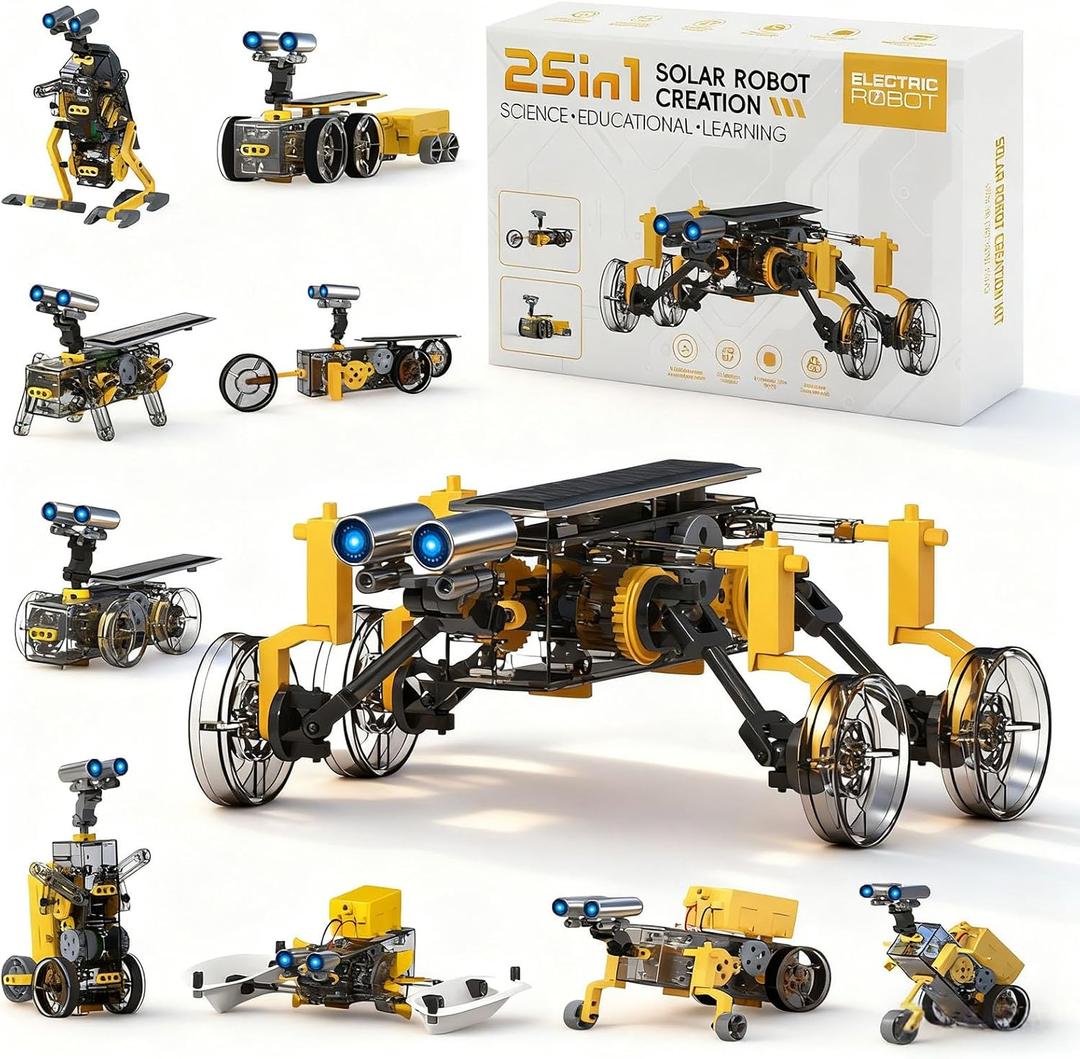 STEM 25-in-1 Education Solar Power Toys for Boys Age 8-12, Science Kits Robots Toys for Ages 8-13, Building Toys Robotics Experiment Set Birthday Gifts for Kids 8 9 10 11 12 13 14+ Years Old (Yellow & Grey)