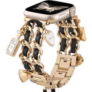Stylish Metal Band Compatible with Apple Watch Bands for Women 40mm 38mm 41mm 44mm 42mm 45mm 46mm,Pretty Chain Strap with Apple Watch Accessories Charms for iWatch Series 11 10 9 8 7 6 5 4 3 2 1 SE (GoldBlack Band/PerfumeBag)