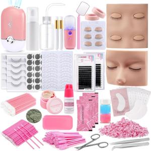 Pretty memory Eyelash Extension Kit for Beginners, 343 Pcs Lash Extension Kit with Everything Includes 2 Mannequin Heads Facial Mister Tweezers Glue USB Fan for Practice Training (Pink)