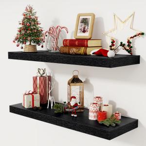 Black Floating Shelves 36 Inch Long, 12 Inch Deep Floating Shelves for Wall, 36 x 12 Shelves for Wall Storage & Display, 2" Thick Floating Shelf for Bathroom, Living Room, Bedroom, Set of 2