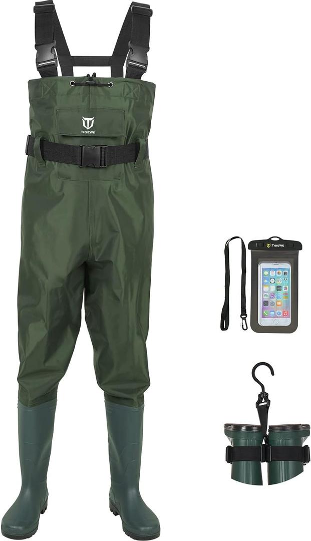 TIDEWE Bootfoot Chest Wader, 2-Ply Nylon/PVC Waterproof Fishing Hunting Waders with Boot Hanger for Men Women Green Brown (M9/W11)
