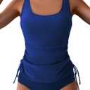 B2prity Tummy Control Tankini Swimsuit for Women Ruched Two Piece Bathing Suit Drawstring Swimwear with Bottom (XX-Large, Blue)