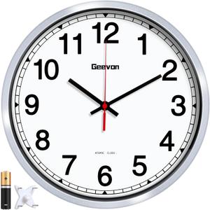 Geevon 12 Inch Atomic Wall Clock - Self-Setting Analog Clock with Automatic Time Sync - Battery Operated for Home Office School - Silver Frame