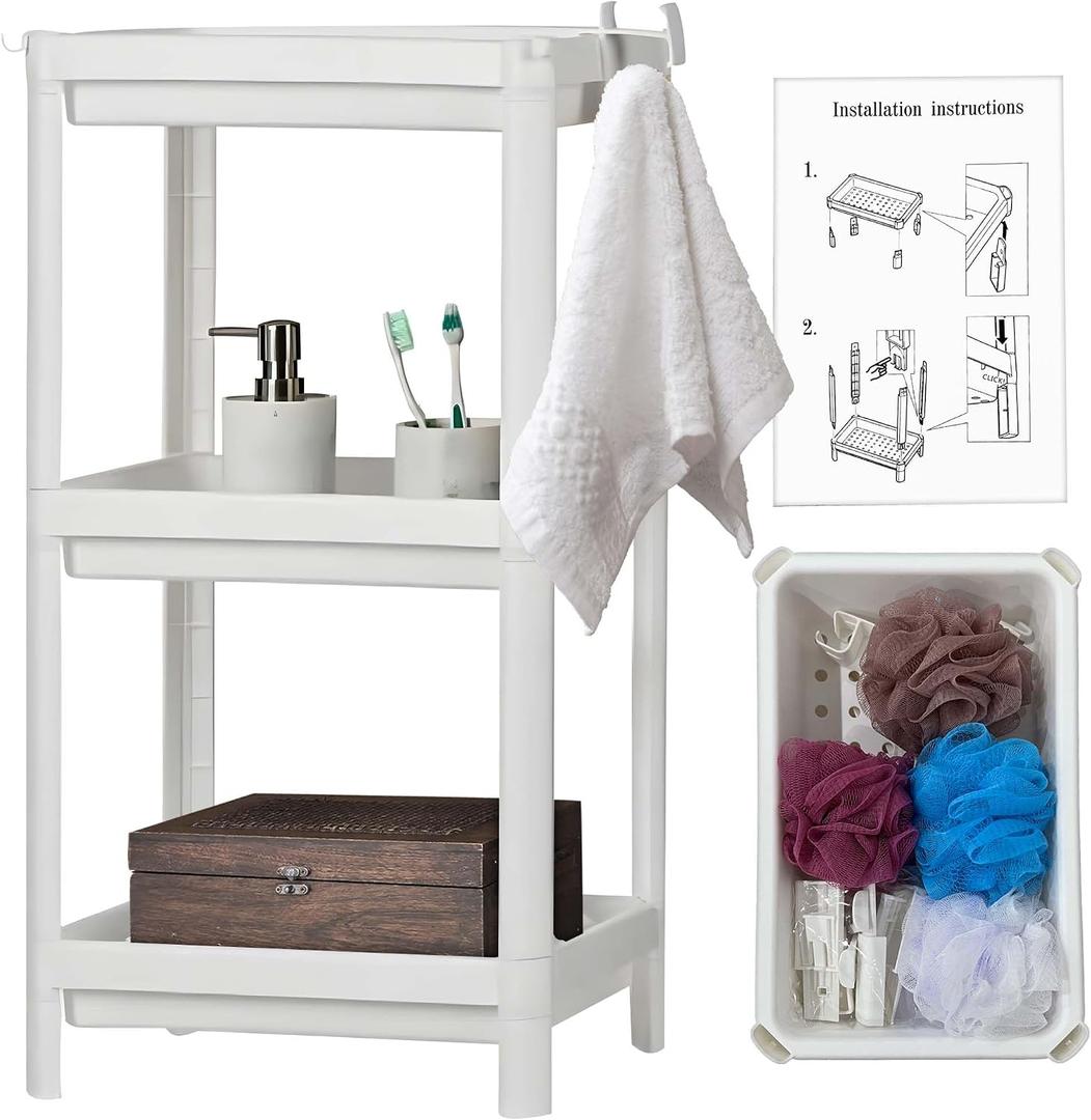 3 Tier Shower Caddy Plastic Organizer 9.1 x 14.2 x 27.6 in. Bathroom Caddy Rack Shelf with Sponge Set Utility Hangers Bathroom Cart Corner Organizer Bath Accesories Floor Standing Rustproof