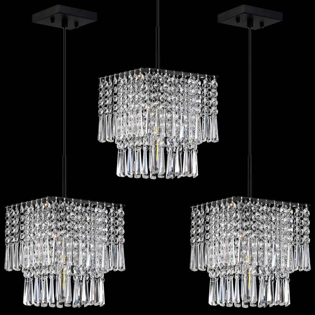 3 Pack 1 Light Hanging Modern Kitchen Island Square 8" Crystal Shade Pendant Light Fixture,Black Finish for Bar,Dining Room,Corridor,Living Room Over Sink