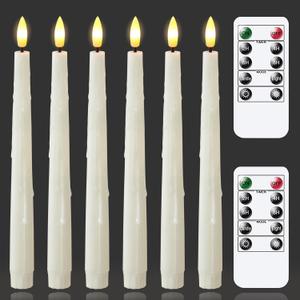 Flameless LED Ivory Remote 0.78" x9.6" Taper Candles with Timer and Dripping Wax, Plastic Set of 6 Battery Operated Flickering Fake Tall Window 3D Wick Candlesticks for Wedding and Home Decor