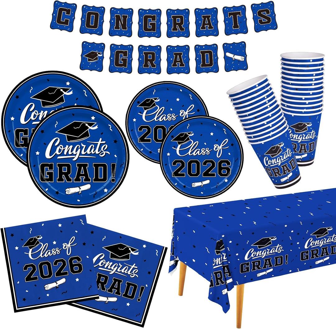 Graduation decorations class of 2026 Gatherfun Congrats Grad Party Dinnerware Set Blue Disposable Paper Plates Napkins Cups Tablecloth Banner for Gatherfun Decorations 2026 deals , Serve 25