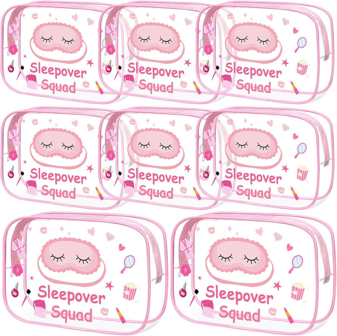 Aliceset 8 Pcs Sleepover Party Supplies Sleepover Squad Makeup Bags Slumber Birthday Party Favors Spa Squad Cosmetic Bag Spa Stuff Waterproof Toiletry Pouches Overnight Decorations(Pink)