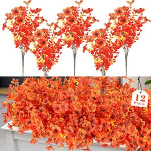 12 Bundles Artificial Fall Fake Mums for Outdoor, Autumn Faux Mums Flowers UV Resistant Plastic Greenery Garden Porch Patio Fall Thanksgiving Home Decor (Orange Yellow)