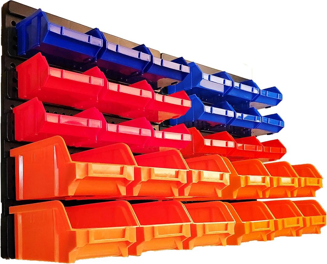 ALWORKKIT Storage Bins Wall-Mounted 30Pcs Set - Storage Organizer for Screws, Nuts, Nails, and Small Hardware Parts, with Quick Installation (Assorted Colors: Orange, Red, Blue)