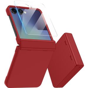 MAKAVO for Samsung Galaxy Z Flip 7 Case, Built-in Outer Screen Protector & Hinge Protection, Z Flip7 Slim Fit Hard Full Body Shockproof Phone Cover, Red