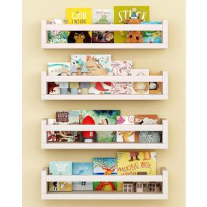 Onlysky Set of 4 Wall-Mounted Kid's Bookshelf - White Floating Nursery Book Shelves - Durable Wood Construction - Ideal for Nursery Decor, Kids Room, Toy Storage (16.5 Inches)