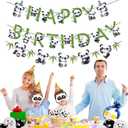 Zwiebeco Pandas Happy Birthday Party Decoration Green Black White Bamboo Leaves Sign Banner Hanging Paper Garland Bunting for Babys Kids Themed Accessories Supplies