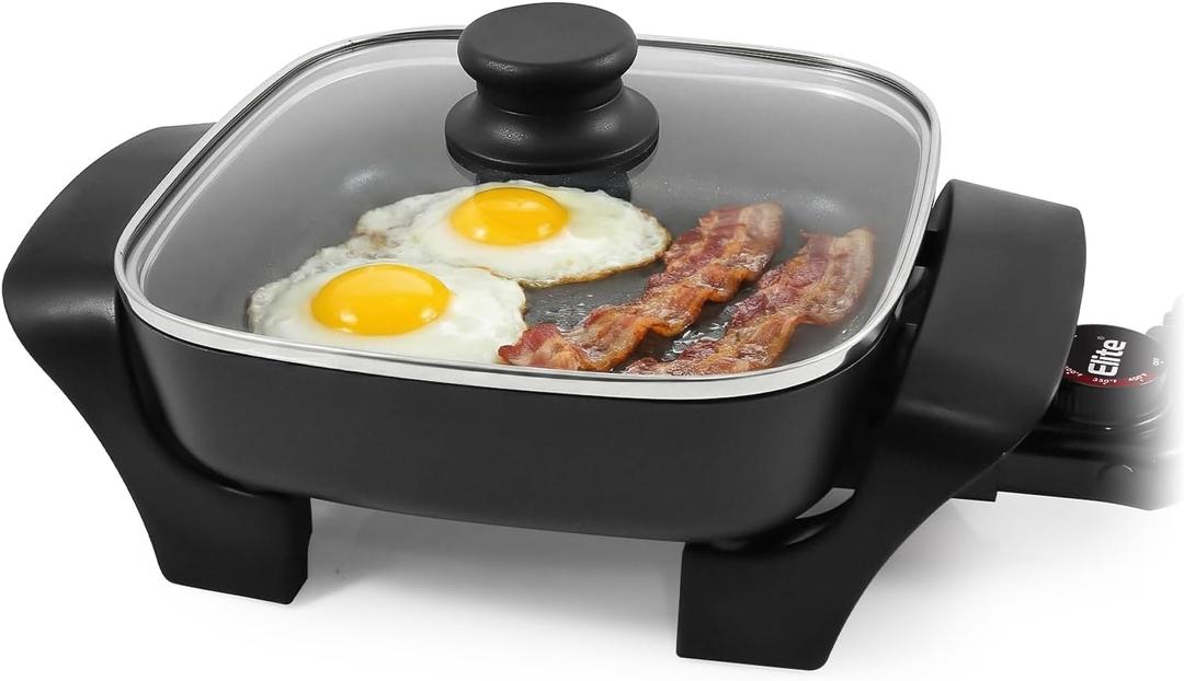 Elite Gourmet EG808 Electric Skillet 8"x8" NonStick Coating, Tempered Glass Lid, Removable Thermostat 200°F–400°F, Dishwasher Safe, 600W Compact 2.5Qt Capacity for Eggs, Bacon & OnePot Meals, Black