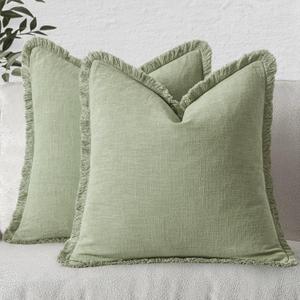 MIULEE Decorative Throw Pillow Covers Neutral Linen Fringe Throw Pillows Euro Shams Set of 2 Sage Green Boho Farmhouse Cushion Covers for Couch Sofa Bed Living Room Spring Home Decor 22x22 Inch