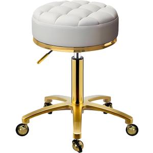 Gold Rolling Stool, Round Roller Swivel Chair, Pedicure Salon Spa Massage Chair with Wheels, PU Leather Seat Padded, Adjustable Vanity Stool 43-55 cm (White)(1 wheel missing)