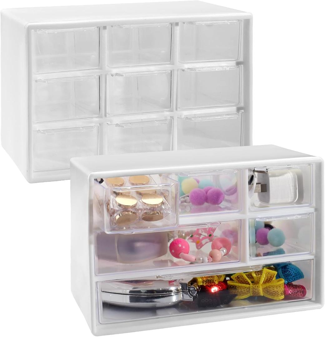 2Pcs Clear Mini Storage Drawers, 6-Grid Small Desk Organizer with Drawers, 9-Compartments Stackable Plastic Organizer, Desktop Storage Box for Craft Makeup Jewelry Bead (White)