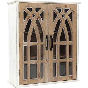 Haigopa Double Door Wall Mounted Cabinet - Rustic Wood Bathroom Storage with Glass Insert, Farmhouse Style Vintage Hanging Cabinet, Fully Assembled