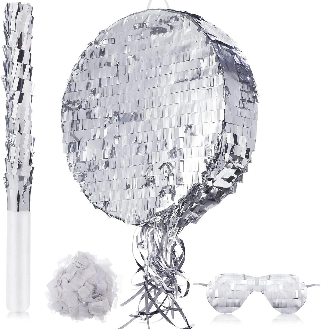 Disco Ball Small Piata with Stick Blindfold and Confetti, Silver Foil Piatas for Birthday Party Kids Adults Retro Birthday Game Party Decorations Supplies(Round)
