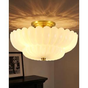 Semi Flush Mount Ceiling Light Fixture 14" Vintage Gold Ceiling Lights Mid Century Modern Milk White Glass Close to Ceiling Lighting Fixtures for Bedroom Hallway Kitchen Laundry Room Bathroom