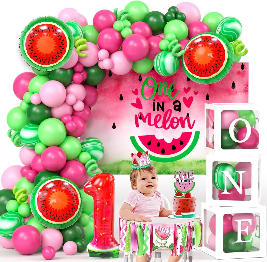 SNLN One In A Melon Party Decorations, Watermelon 1st Birthday Decorations Girl, ONE Balloon Boxes, Backdrop, Watermelon Balloon Arch, Chair Banner Crown Cake Topper Foil Balloon, First Birthday Decor