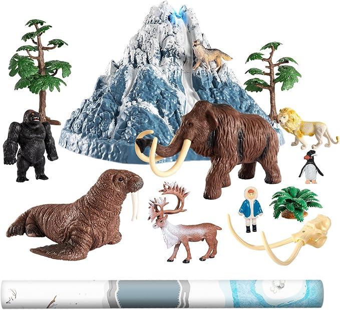 Prehistoric Animal Toys for Kids 35, Safari Animals Figurines and Snowy Volcano Toy Set with /Realistic Mammoth, Lion and Gorilla. Educational Gift 49.Gift for Toddlers Boys & Girls