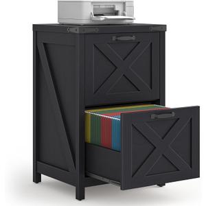 2 Drawer Small File Cabinet, Farmhouse Vertical Filing Cabinet Fits Letter and A4 Size, Under Desk Wooden File Cabinets for Home Office, Printer Stand, Black