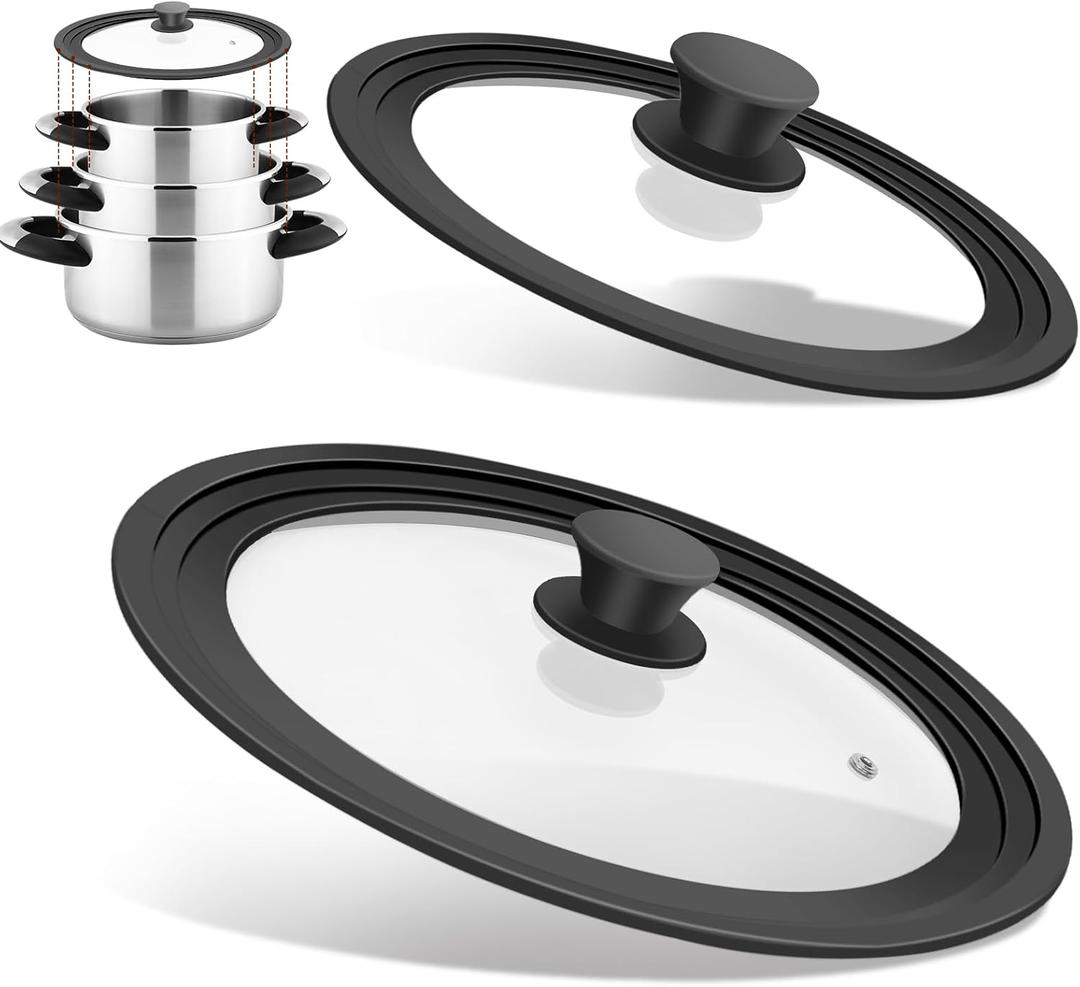 Universal Lids for Pots, Pans and Skillets, Fits 7", 8", 9", 10", 11", 12" Cookware, Universal Pan Lid and Pot Lid with Tempered Glass and Silicone Edging (2 Pack)