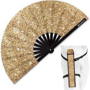 Glitter Large Rave Folding Clack Hand Fan with Holster, Popping Handheld Fan Foldable for Men Women for EDM Festival Club Party Dance, (Champagne, Large 13")
