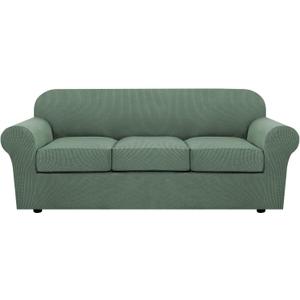 H.VERSAILTEX 4 Piece Stretch Sofa Covers for 3 Cushion Couch Covers for Living Room Furniture Slipcovers (Base Cover Plus 3 Seat Cushion Covers) Upgraded Thicker Jacquard Fabric (Sofa, Loden Frost) (Large)