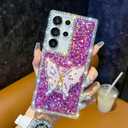 Cute Compatible with Samsung Galaxy S23 Ultra 6.8 inch Girly Case, Bling Glitter Diamond Butterfly Kickstand Case, Soft Silicone Cases for Women(Gold)