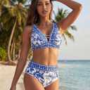 Hanna Nikole Womens High Waisted Bikini Sets Floral Print, 2 Piece Swimsuits Cutout, V Neck Bathing Suits Sexy Swimwear (Blue, S)