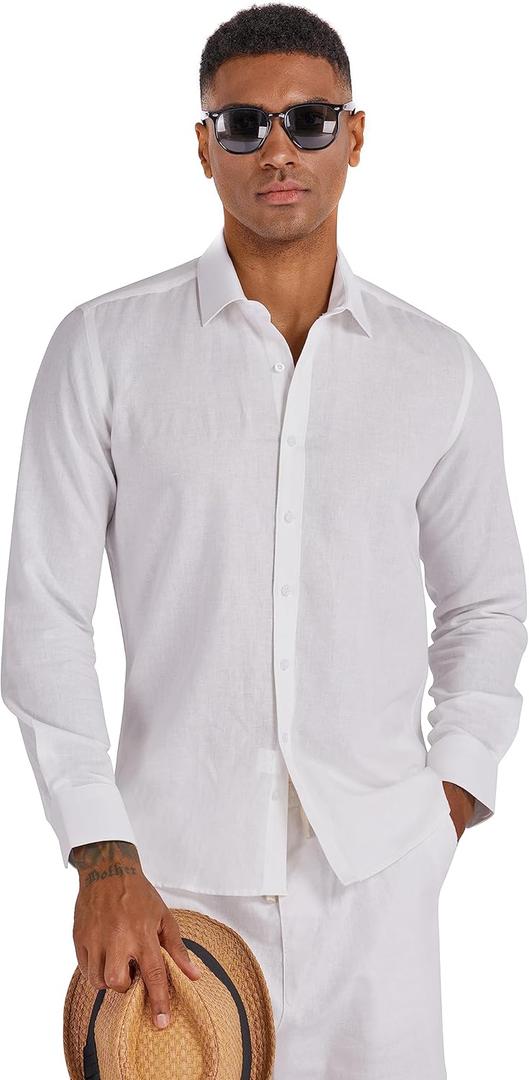 Men's 100% Linen Shirt Long Sleeve Button Down Casual Beach Shirts Plus Size (LH10 White L)
