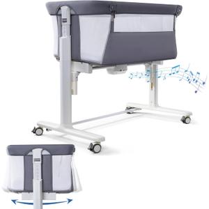Electric Bassinet for Baby, 3 Speeds Automatic Rocking Bassinets with All mesh, 5 Height Adjustment Bedside Crib for Nweborn, 8 Music, Wheels, Light Grey