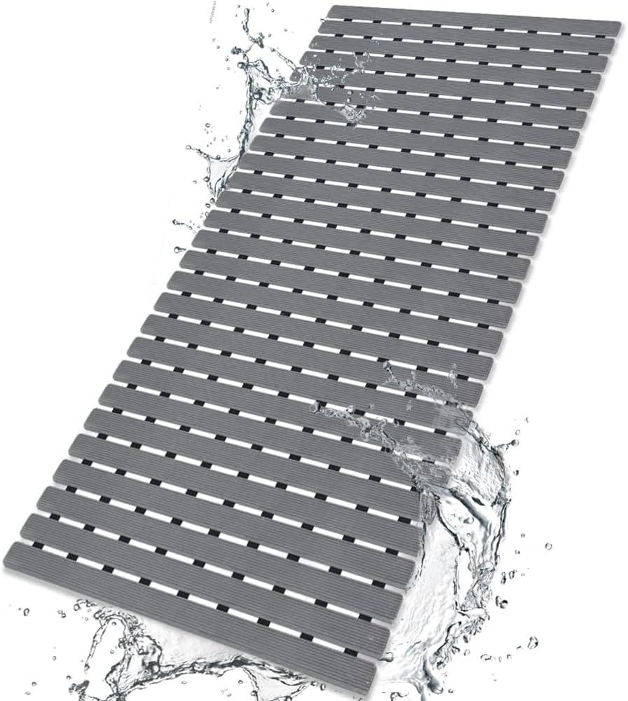 BEMISO Shower Mat Non Slip Bathtub Mat with Suction Cups and Drain Holes 37.4 x15.7 Inch Bath Mat for Tub & Shower.Easy Dry,Easy to Cut,Eco-Friendly (Dark Grey)