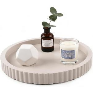 Modern Decorative Tray for Coffee Table, 11" Wooden Gray Beige Round Small Decor Tray for Candle, Perfume, Vanity, Kitchen Island Counter & Table Centerpiece